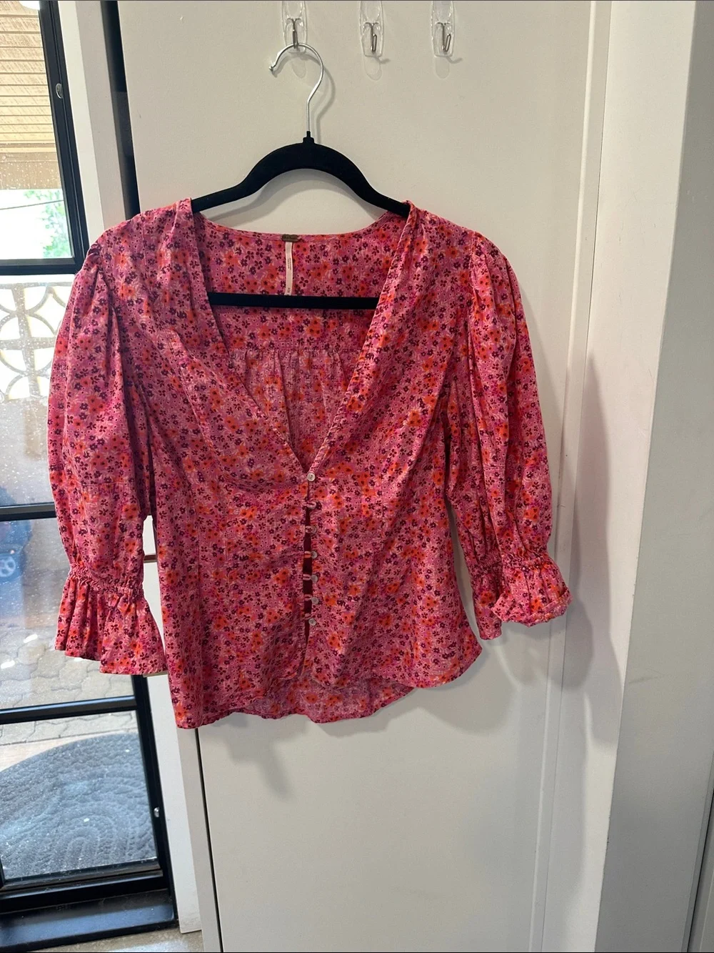 Free People Pink Floral V-Neck Button-Front Blouse